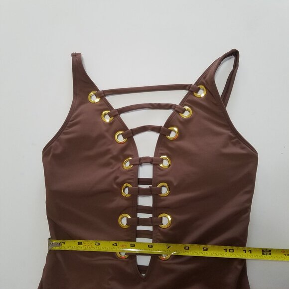 Bleu Rod Beattie Hole In One Plunge One Piece Swimsuit Brown/Gold Size 4 - Picture 4 of 10